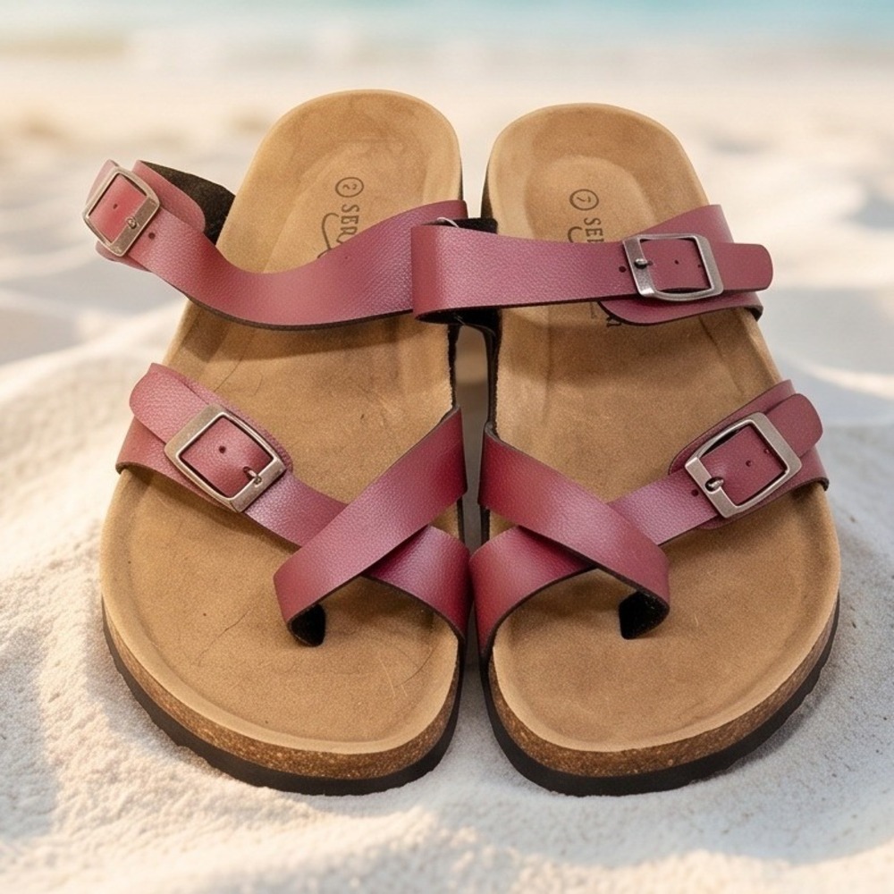 Seranoma Womens 7 Cork Footbed Slide Sandals Burgundy Toe Loop Buckle‎ NEW